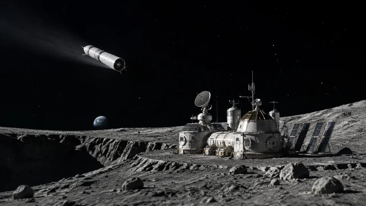 Konceptualna ilustracija buduće lunarne postaje i potrošenog gornjeg stupnja rakete na putanji prema Mjesecu. Slika ne prikazuje stvarni događaj.