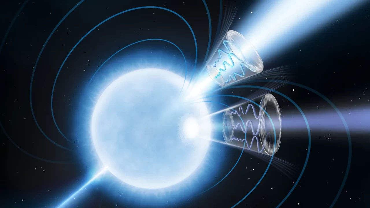 Umjetnički prikaz magnetara 1E 1547.0−5408 okruženog plavim silnicama magnetskog polja i snopovima zračenja koji izlaze iz njegovih polova.