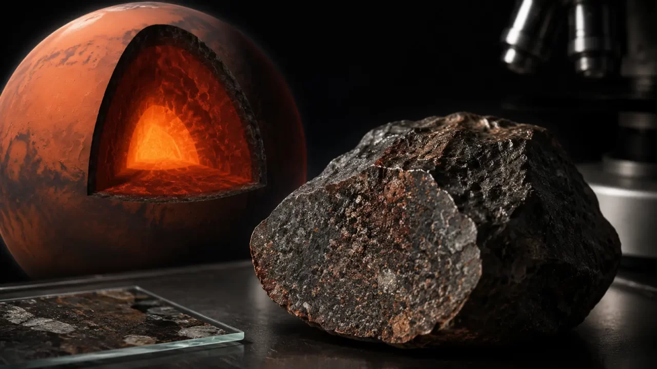 Tamni marsovski meteorit u laboratoriju ispred prikaza Marsa s presjekom njegove unutrašnjosti.