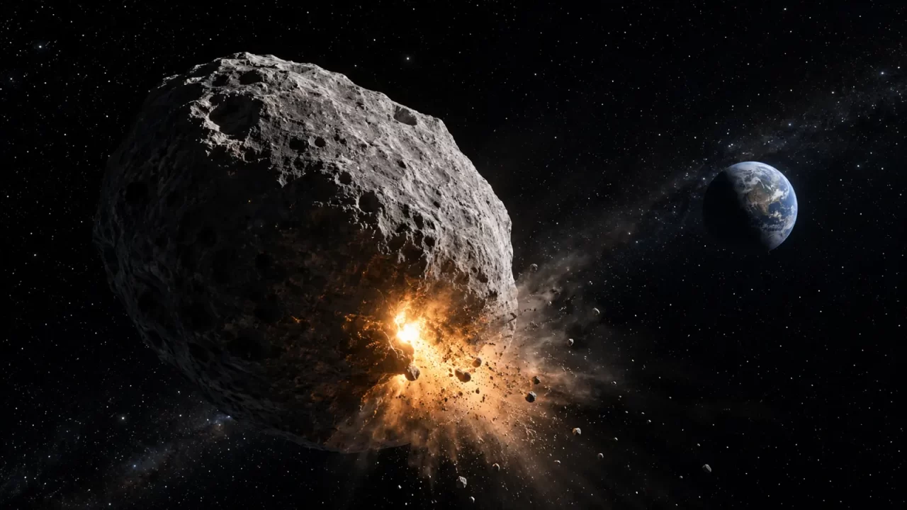 Ilustracija prikazuje hipotetski scenarij planetarne obrane u kojem se snažna eksplozija koristi za promjenu putanje asteroida koji bi mogao ugroziti Zemlju. Riječ je o konceptu analiziranom računalnim simulacijama, a ne o planiranoj misiji niti o trenutačnoj prijetnji. Kozmos.hr.
