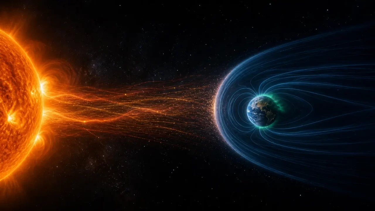 Umjetnička vizualizacija Sunčeva vjetra i Zemljine magnetosfere