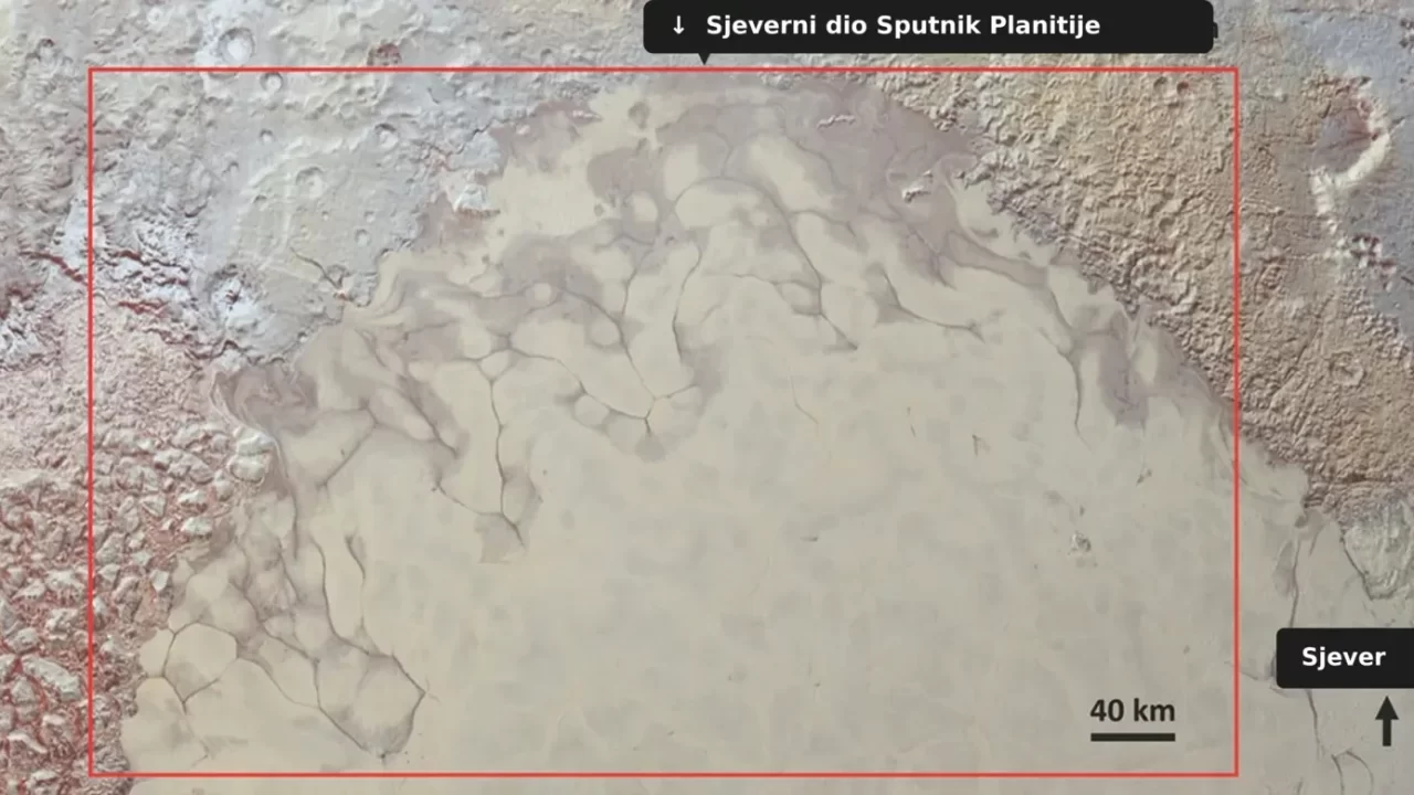 Kolorirana karta sjevernog dijela Sputnik Planitije, golemog ledenjaka od dušikova leda na Plutonu. Crveni okvir obuhvaća područje tamnih površinskih obilježja koja autori rada povezuju s mogućim povremenim izbijanjem tekućeg dušika iz podnožja ledenjaka. Izvorne oznake na slici prevedene su na hrvatski. NASA/Johns Hopkins APL/SwRI. Hrvatska lokalizacija oznaka: Kozmos.hr.