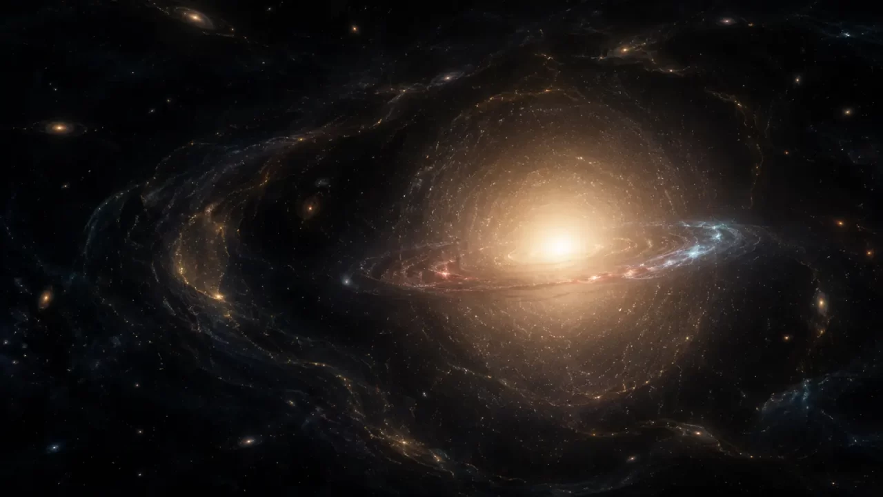 Umjetnička ilustracija velike eliptične galaksije okružene svijetlim nitima kozmičke mreže koje predstavljaju gravitacijske utjecaje iz ranog svemira.