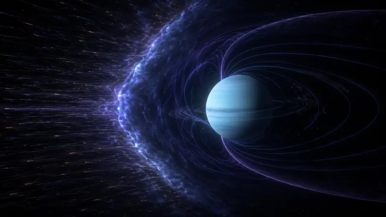 Umjetnički prikaz Uranove magnetosfere i udarnog vala koji se u računalnom modelu širi i skuplja pri svakoj rotaciji planeta. Kozmos.hr