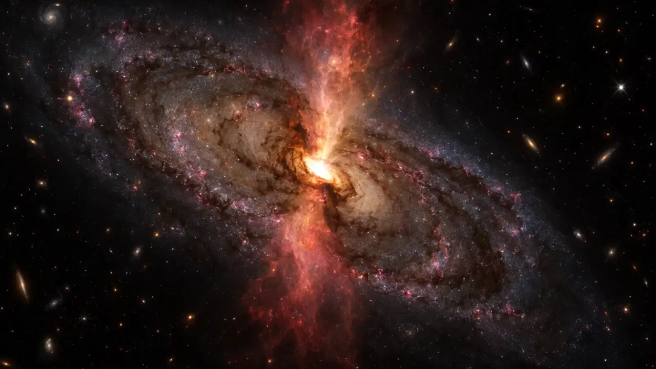 Umjetnička vizualizacija galaksije NGC 1068 i plina koji izlazi iz aktivne jezgre.