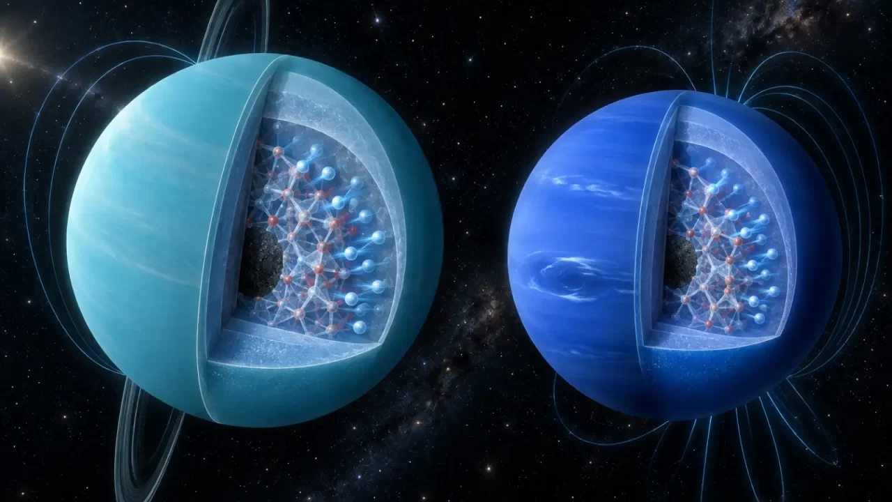 Uran i Neptun s prikazom superionskog leda u unutrašnjosti.