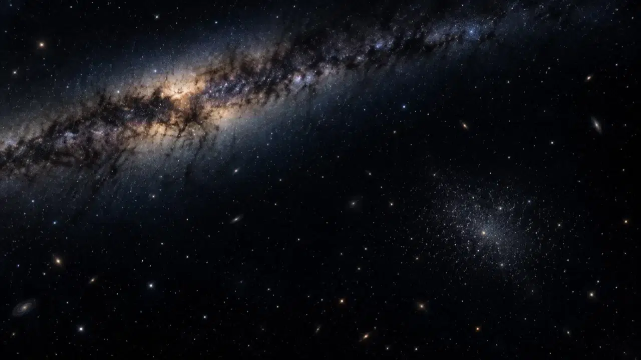 Umjetnička ilustracija blijedog zvjezdanog sustava Aquarius IV uz Mliječnu stazu.