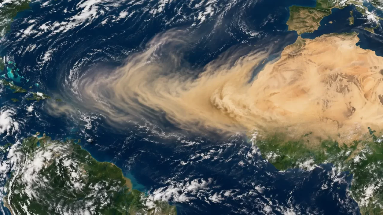 Ilustrativni prikaz oblaka mineralne prašine koji se iz Sahare širi nad Atlantski ocean.