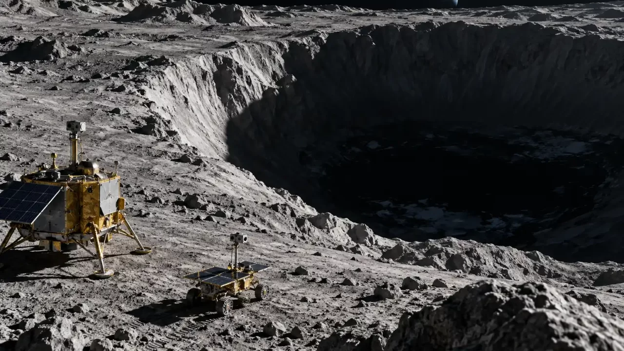 Lander i rover misije Chang’e 7 na rubu zasjenjenog kratera na južnom polu Mjeseca