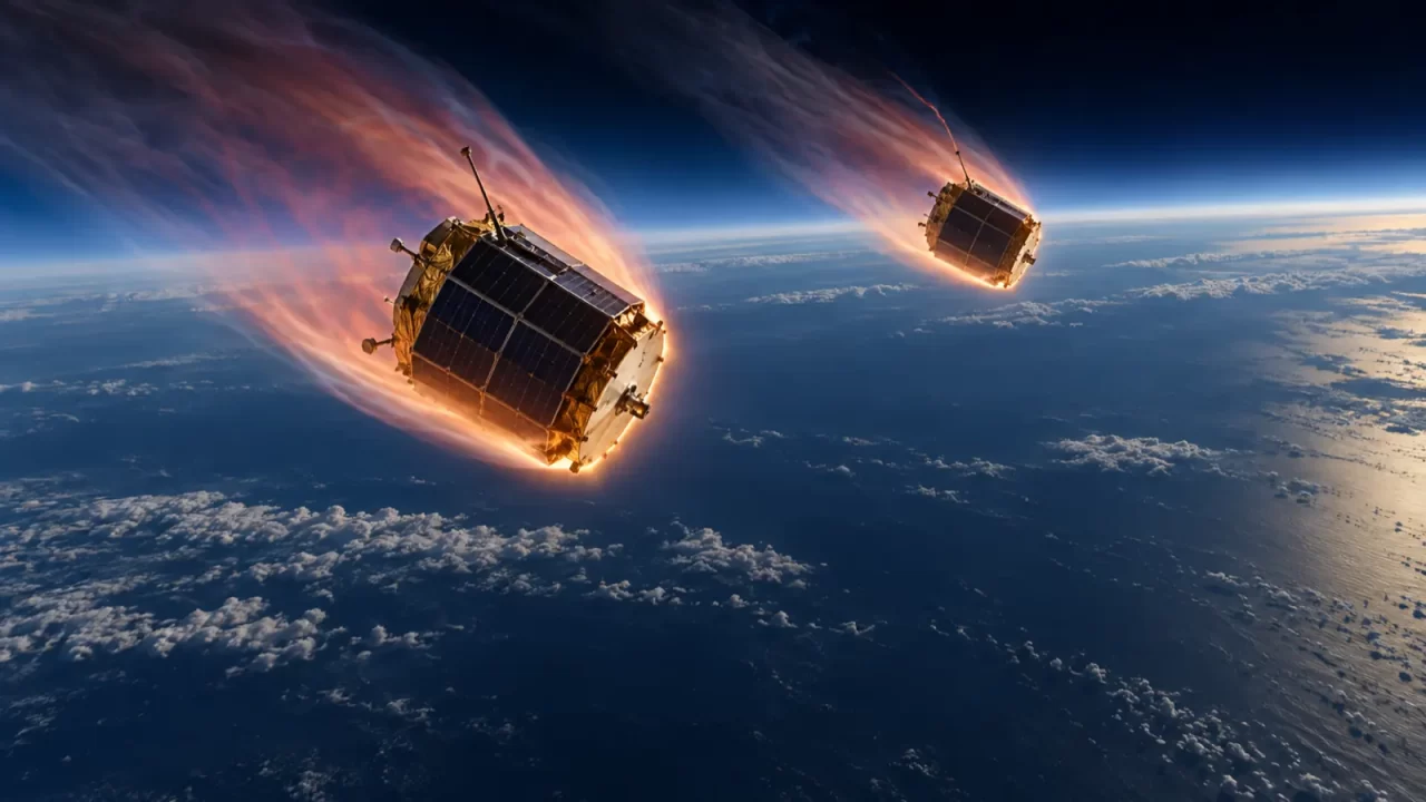 Ilustracija satelita Samba i Tango pri ulasku u atmosferu iznad južnog Pacifika