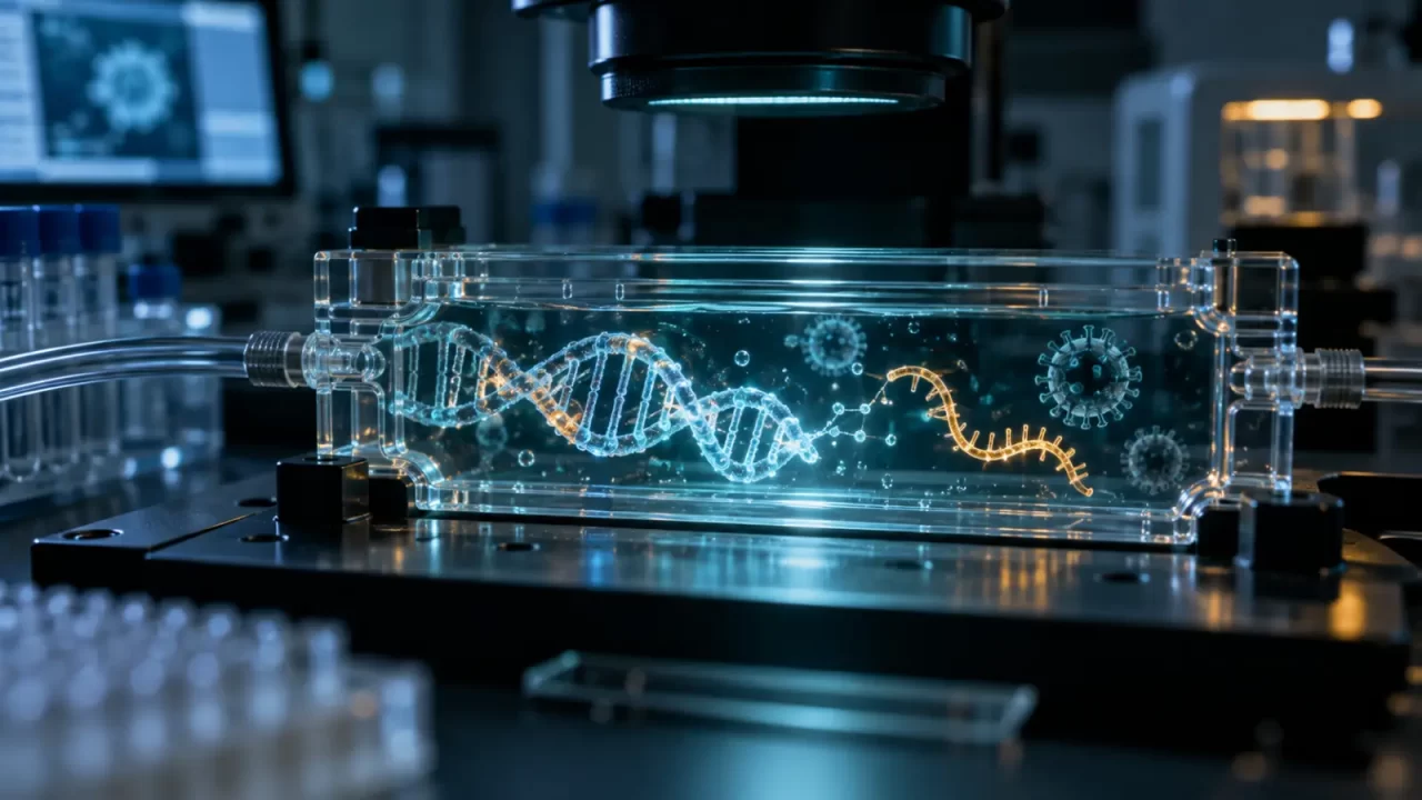 Konceptualna ilustracija DNA, RNA i virusnih čestica u laboratorijskom sustavu