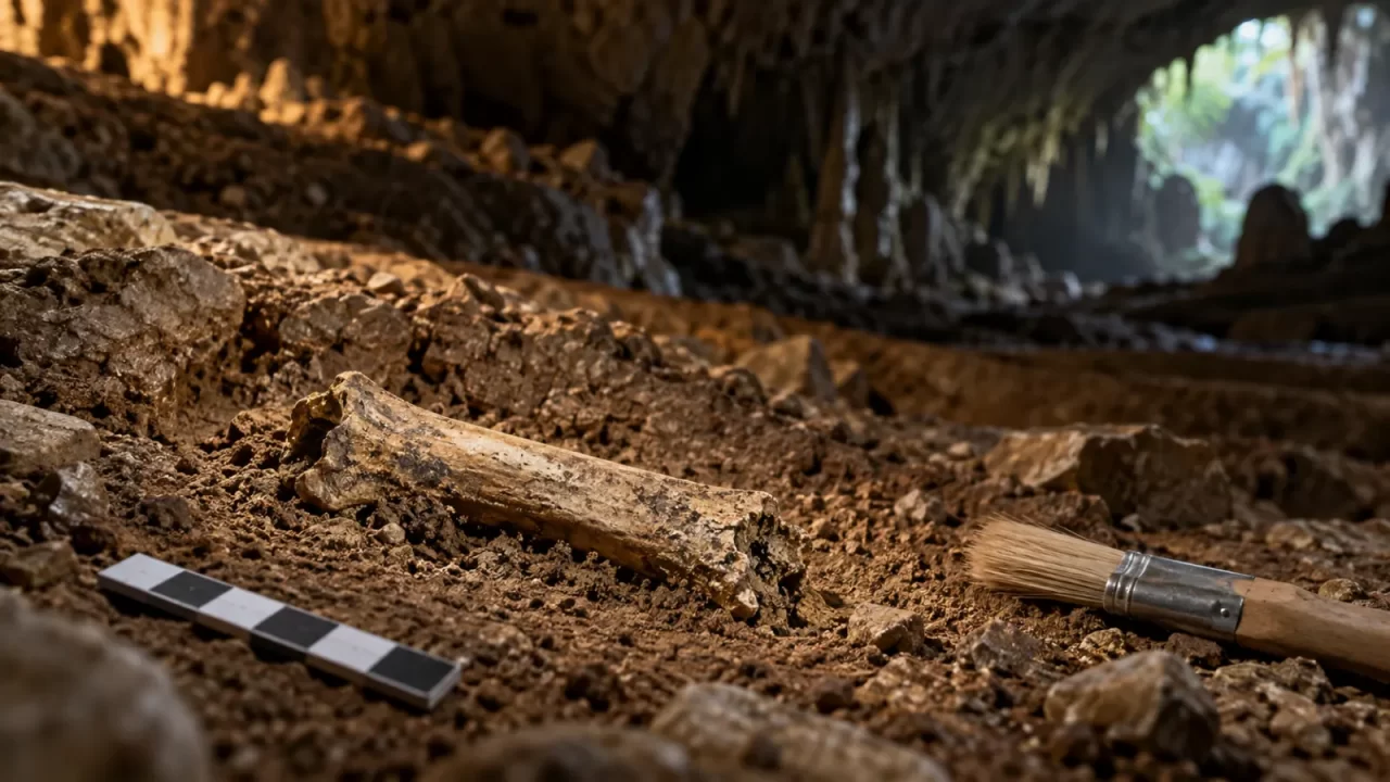 Djelomična kost na tlu unutar špilje, uz arheološki kist i mjernu ljestvicu.