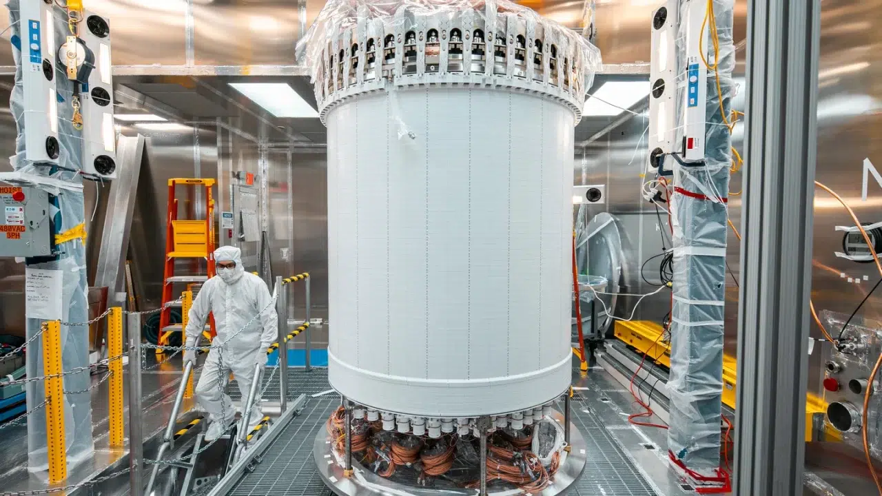Glavni detektor LUX-ZEPLIN u laboratoriju, uz istraživača u zaštitnom odijelu