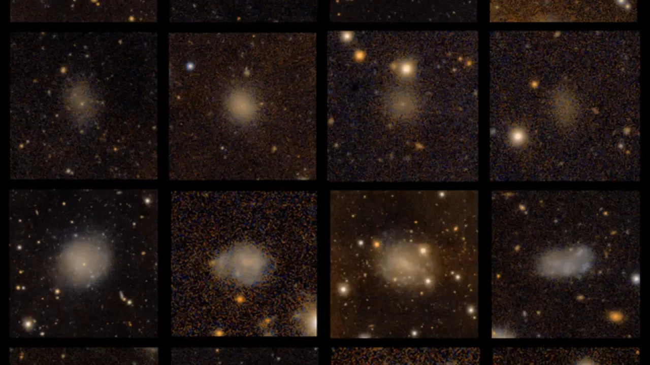 Montaža 16 od 47 kandidata za patuljaste galaksije u okolini galaksija NGC 5068, NGC 5084 i NGC 5087.