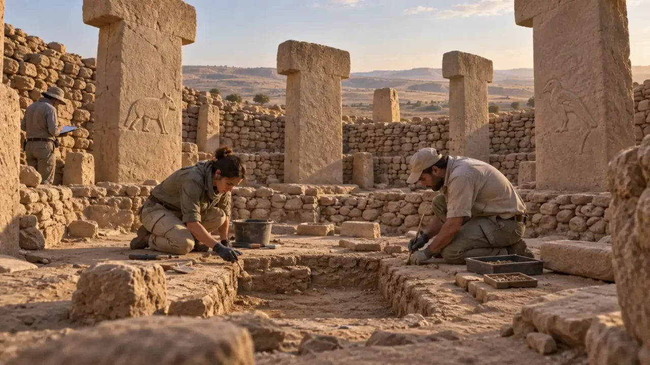 Interpretativni prikaz arheologa koji istražuju tlo unutar neolitičke kamene građevine u Göbekli Tepeu.