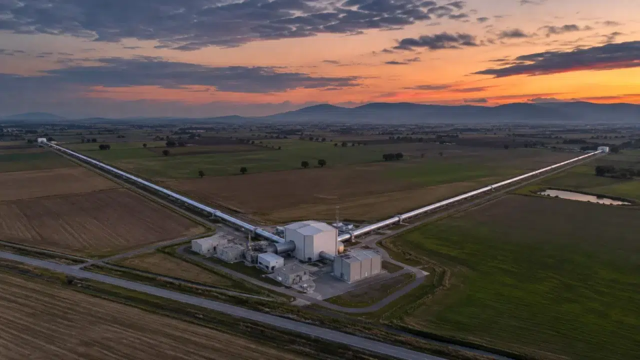 Dvije duge vakuumske cijevi interferometra za mjerenje gravitacijskih valova u ruralnom krajoliku.