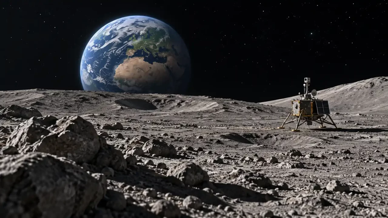 Umjetnički prikaz slijetnog modula na Mjesecu, sa Zemljom na obzoru.