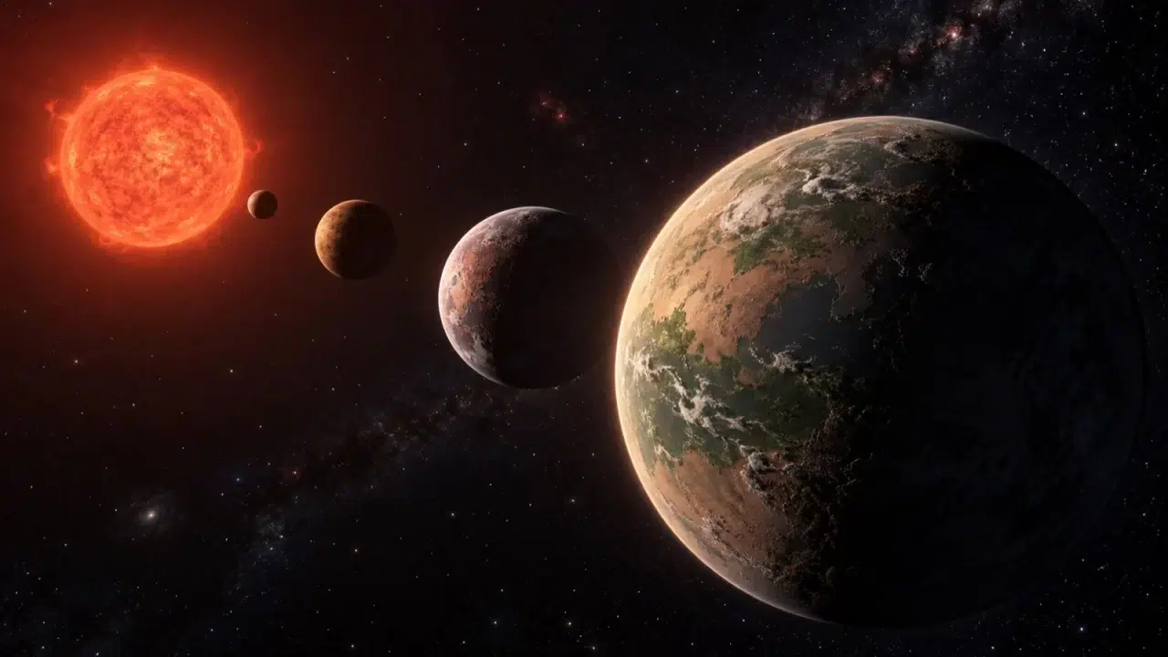 Umjetnička ilustracija planeta TRAPPIST-1e uz zvijezdu crvenog patuljka.