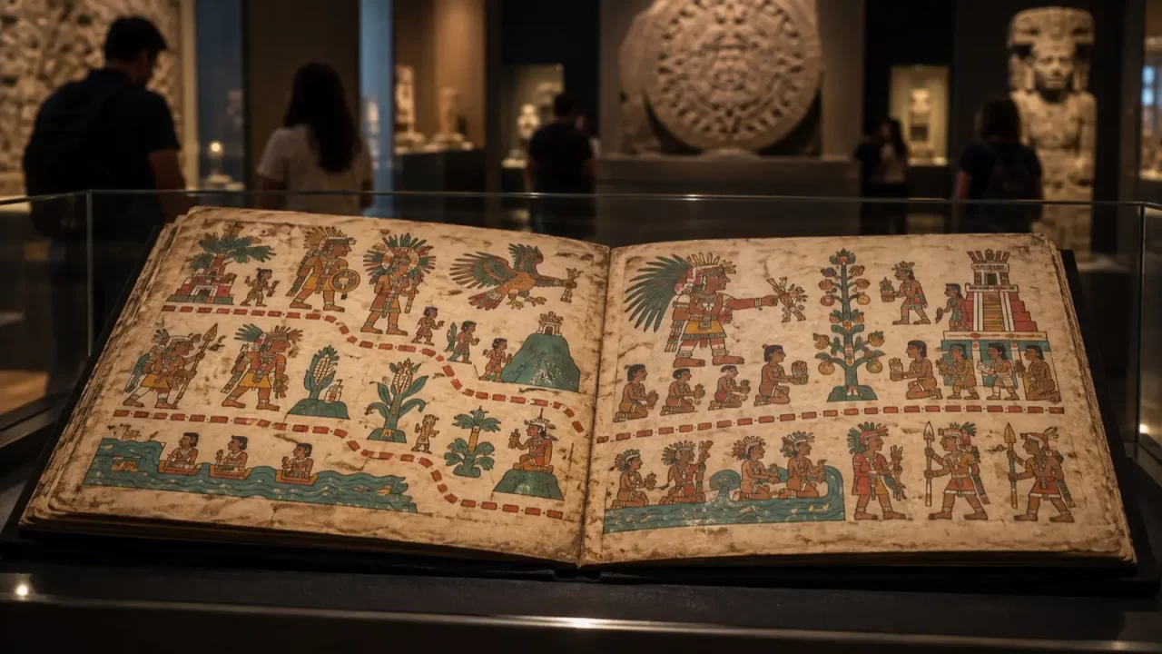 Interpretativni prikaz otvorenog kodeksa s prikazima povijesti naroda Mexica.