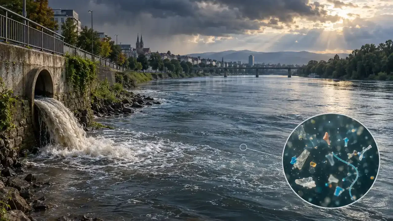 Ilustracija prikazuje kišnicu koja s obale prenosi plastične čestice u rijeku.