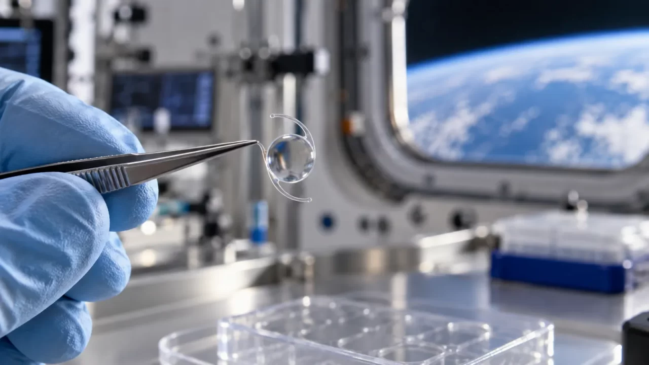 Umjetna intraokularna leća u laboratorijskom ispitivanju, uz prozor svemirske postaje u pozadini.
