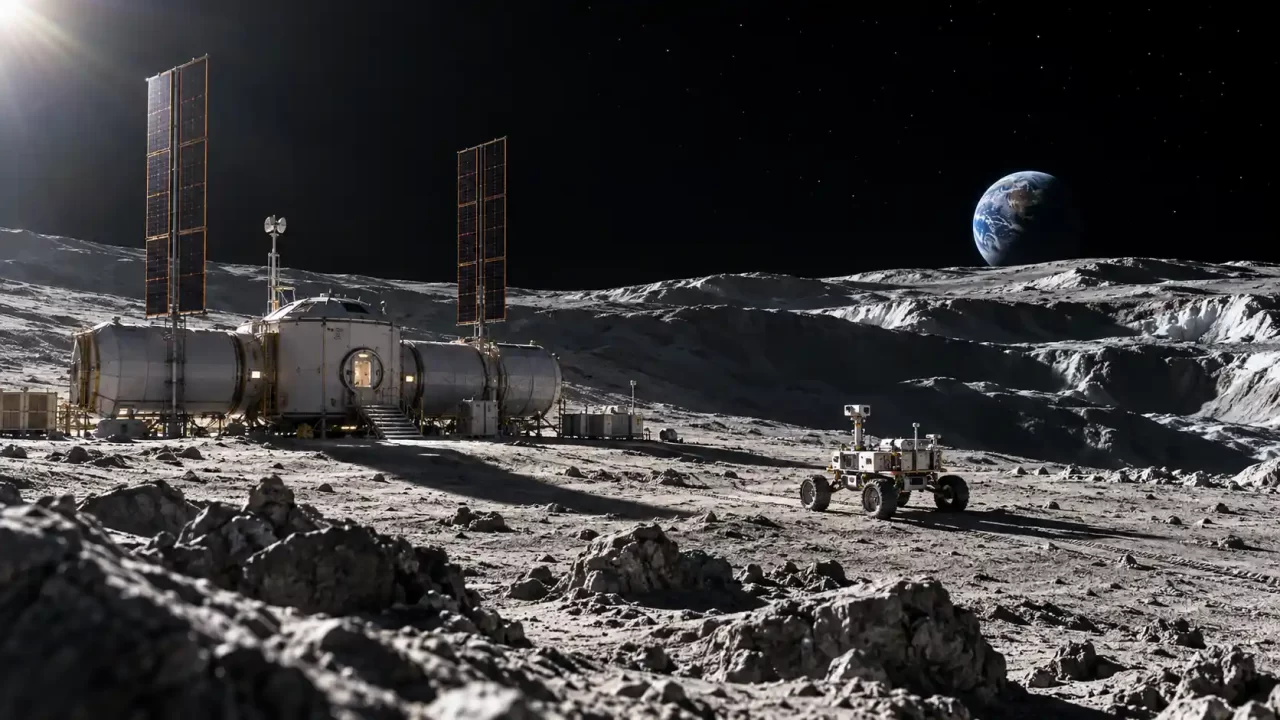 Prikaz lunarne postaje sa solarnim panelima na južnom polu Mjeseca
