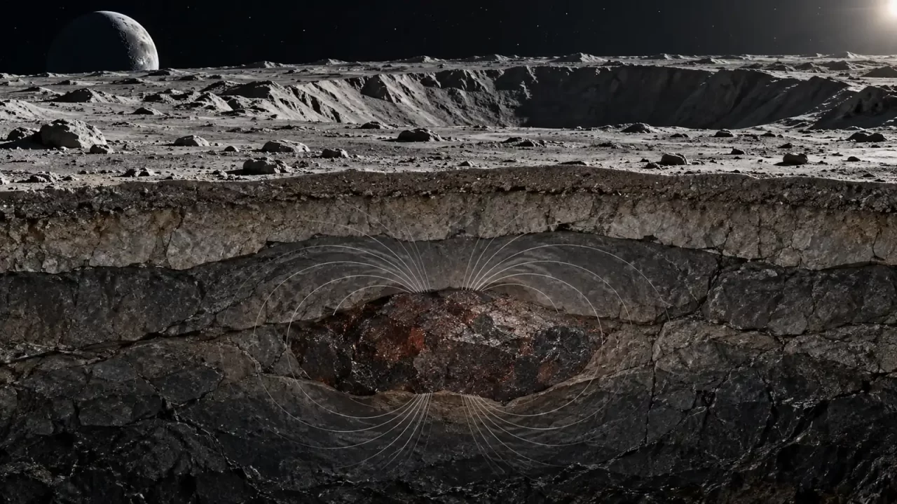 Umjetnička ilustracija presjeka Mjesečeve površine s podzemnom magnetskom anomalijom