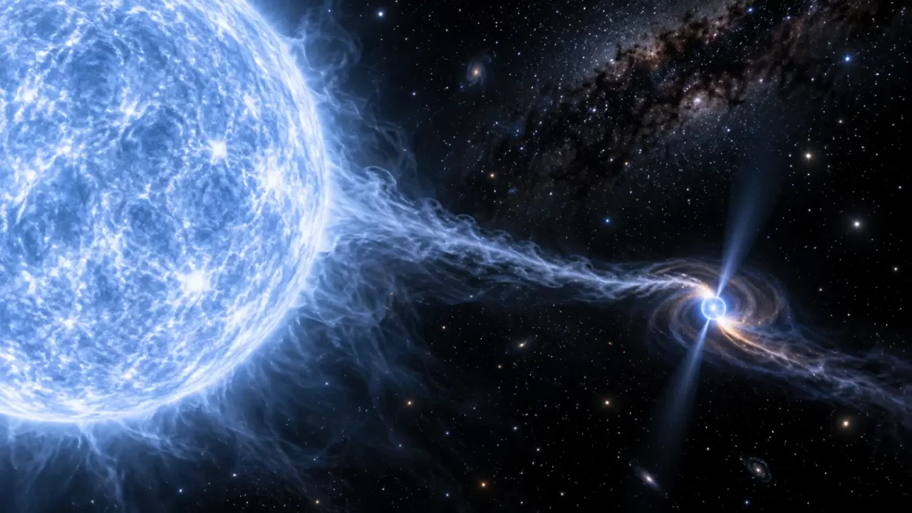 Umjetnički prikaz plina iz zvjezdane pratilje koji se približava neutronskoj zvijezdi u dvojnom sustavu.