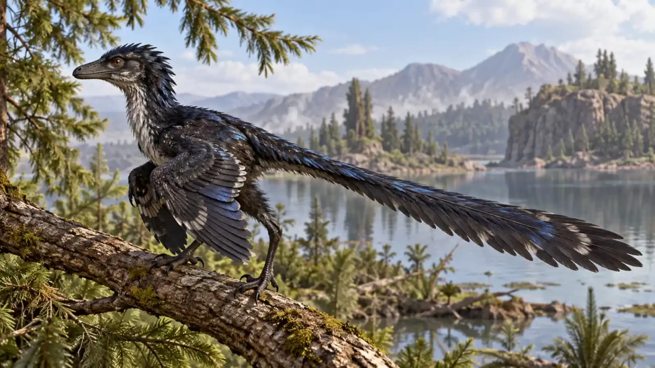 Ilustracija malenog pernatog dinosaura na grani uz jezero