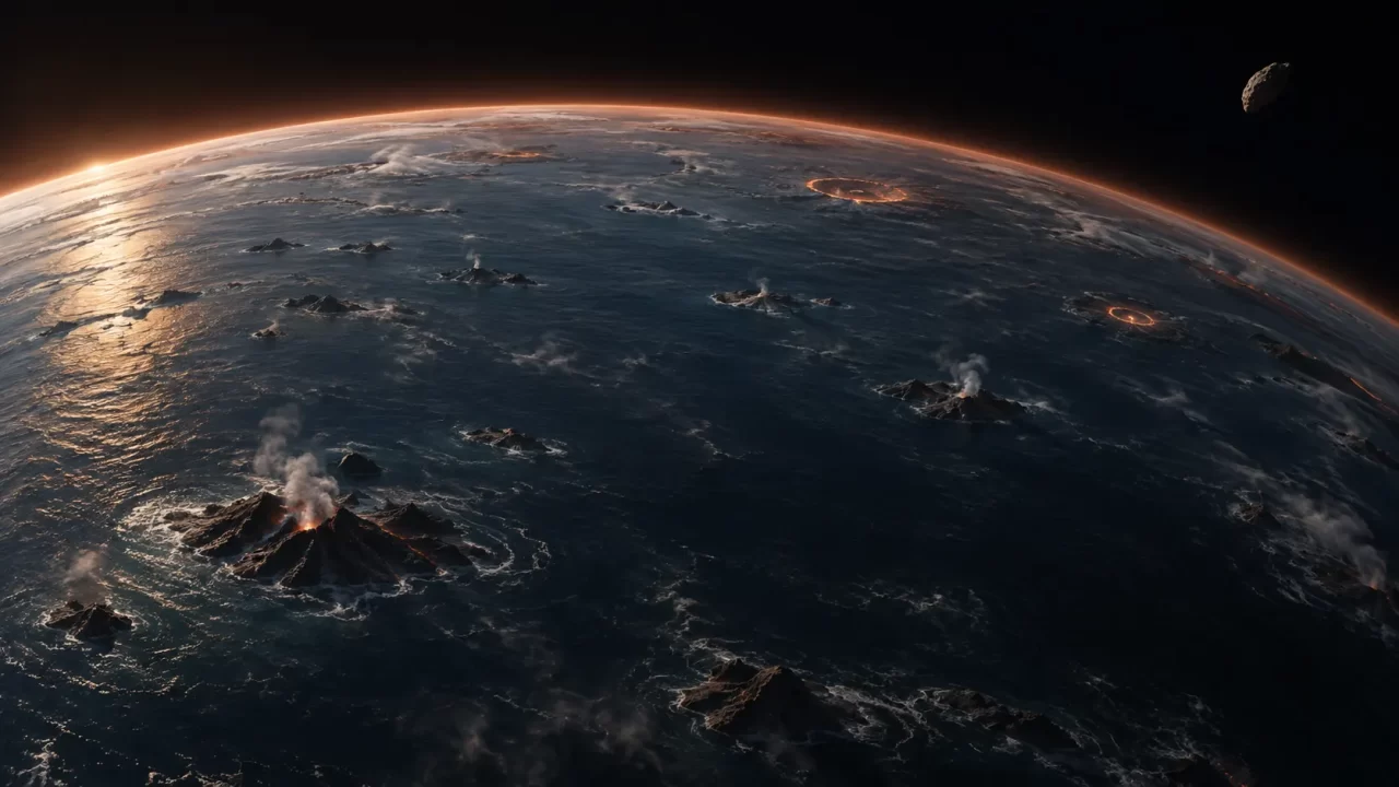 Umjetnički prikaz rane Zemlje s oceanom, vulkanskim otocima i asteroidom u svemiru.