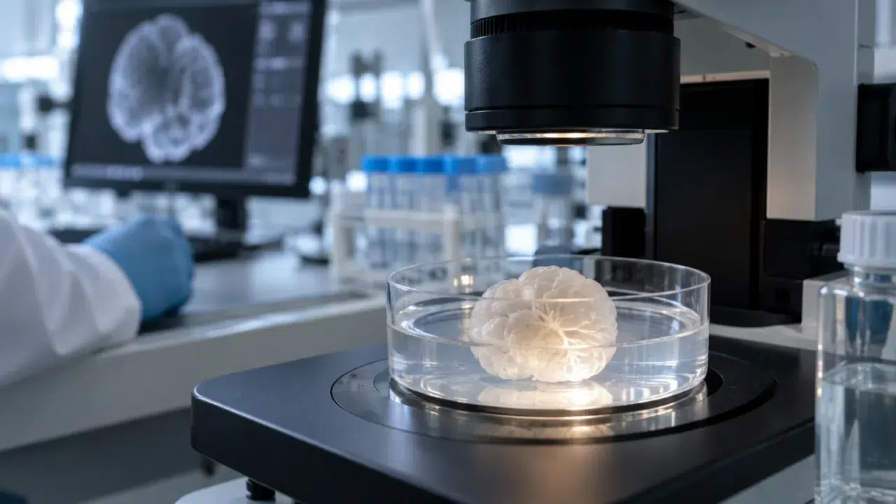 Laboratorijski uzgojeni moždani organoid pod mikroskopom