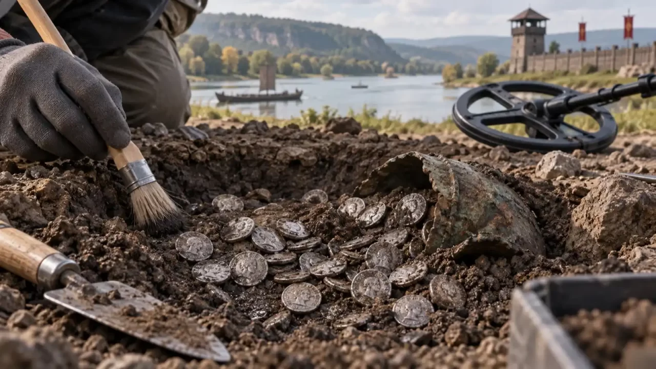Umjetnički prikaz rimske ostave srebrnih denara pronađene u Njemačkoj.