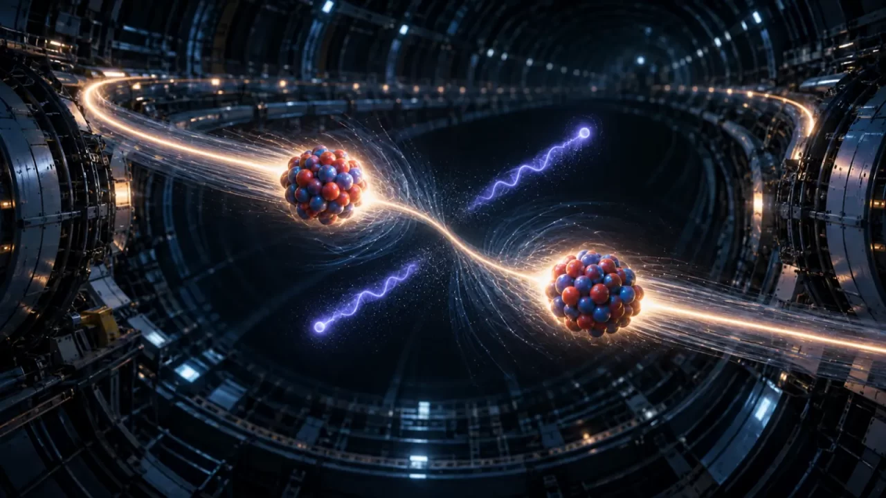 Ilustracija dviju atomskih jezgri koje se mimoilaze u akceleratoru; prikazane su i dvije hipotetske čestice aksiona.