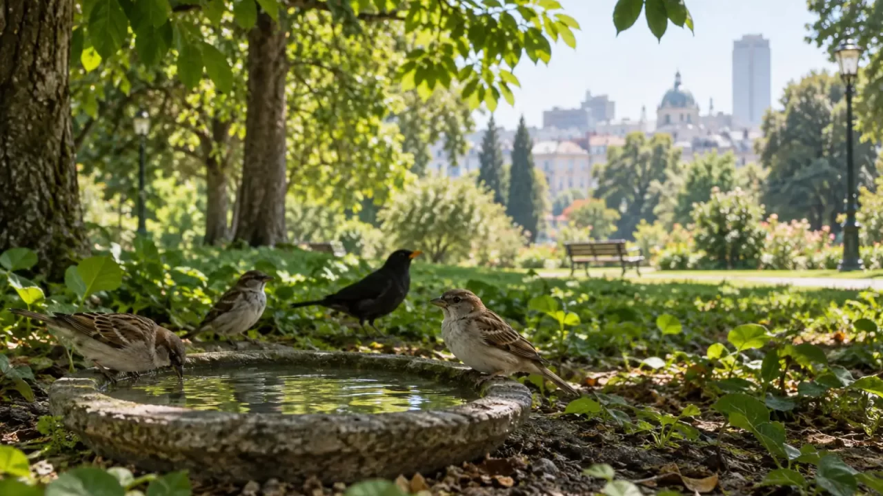 Ptice u sjeni drveća u zelenom gradskom parku.