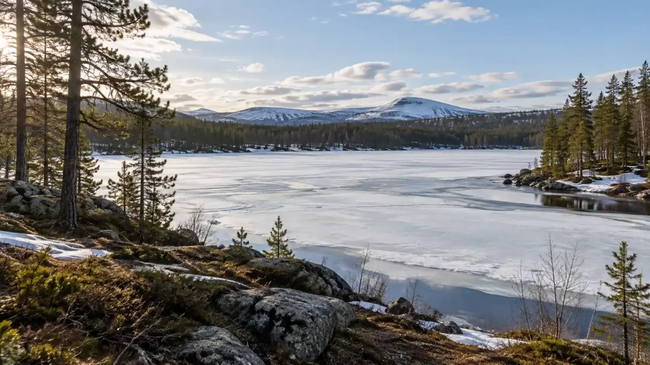 Zaleđeno jezero okruženo šumom u rano proljeće