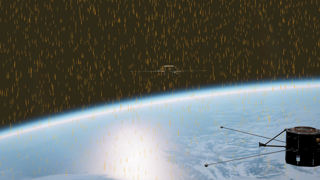 Ilustracija satelita TRACERS u polarnom području Zemljine magnetosfere, s narančastim prikazom čestica