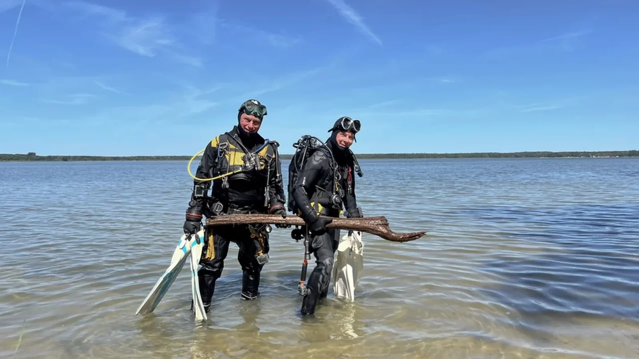Dvojica ronilaca drže dugi obrađeni drveni nalaz iz jezera Arendsee