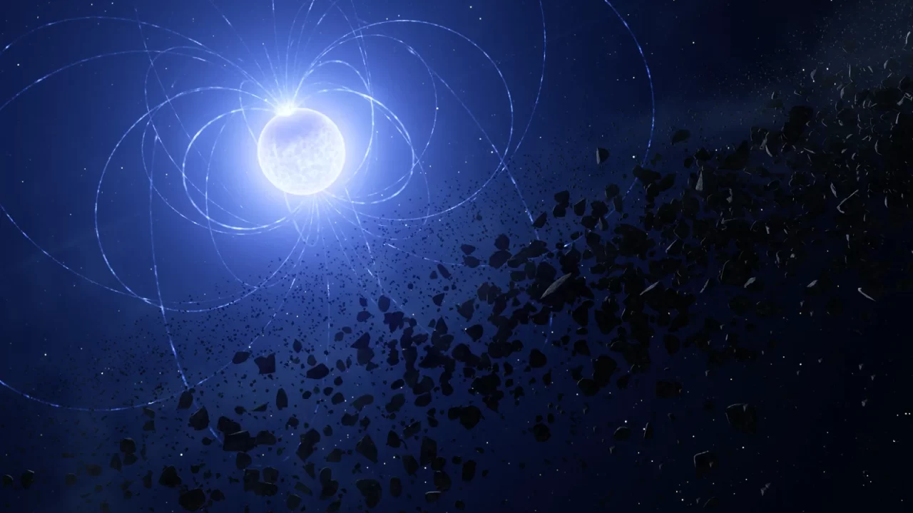 Umjetnički prikaz bijelog patuljka okruženog krhotinama i linijama magnetskog polja