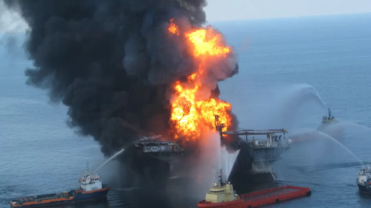 Brodovi vodenim topovima gase plamen na platformi Deepwater Horizon dok se nad morem uzdiže crni dim