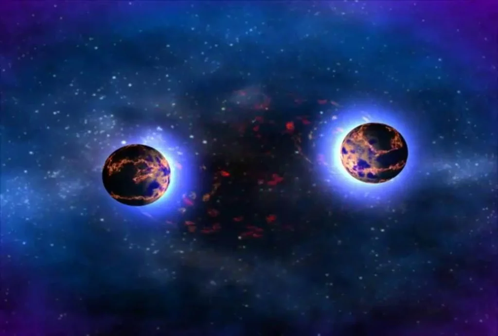 Umjetnički prikaz dviju neutronskih zvijezda koje se približavaju prije spajanja.