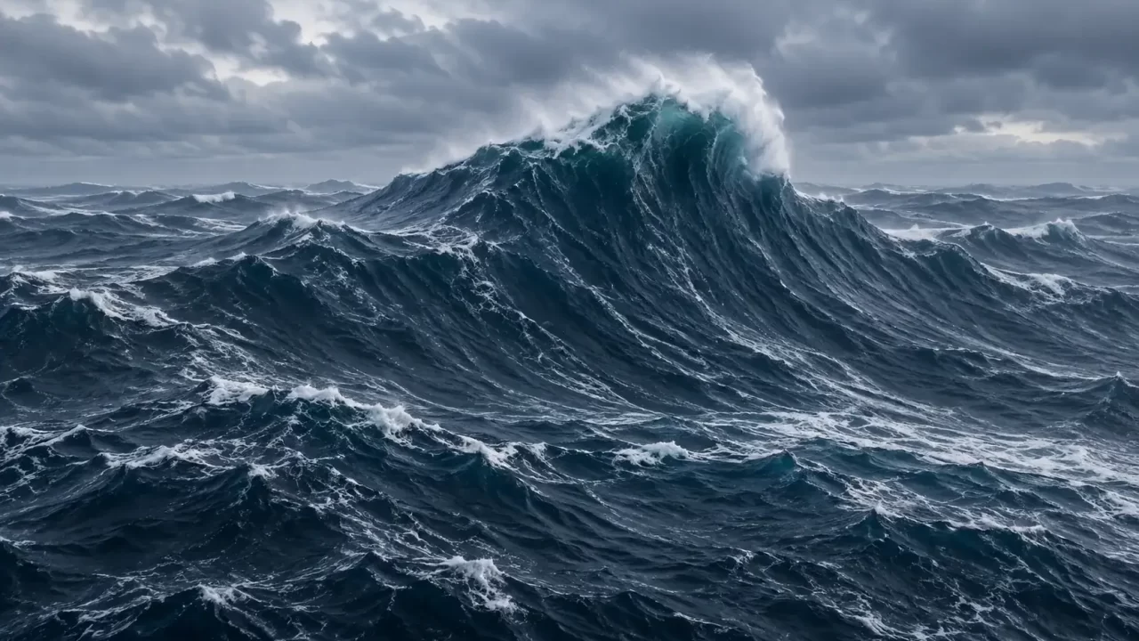 Ilustracija visokog oceanskog vala među nižim valovima
