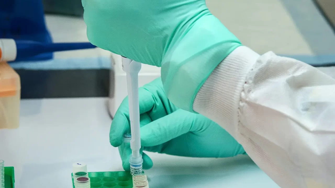 Ruke u zelenim zaštitnim rukavicama drže pipetu iznad malih epruveta na laboratorijskom stalku.