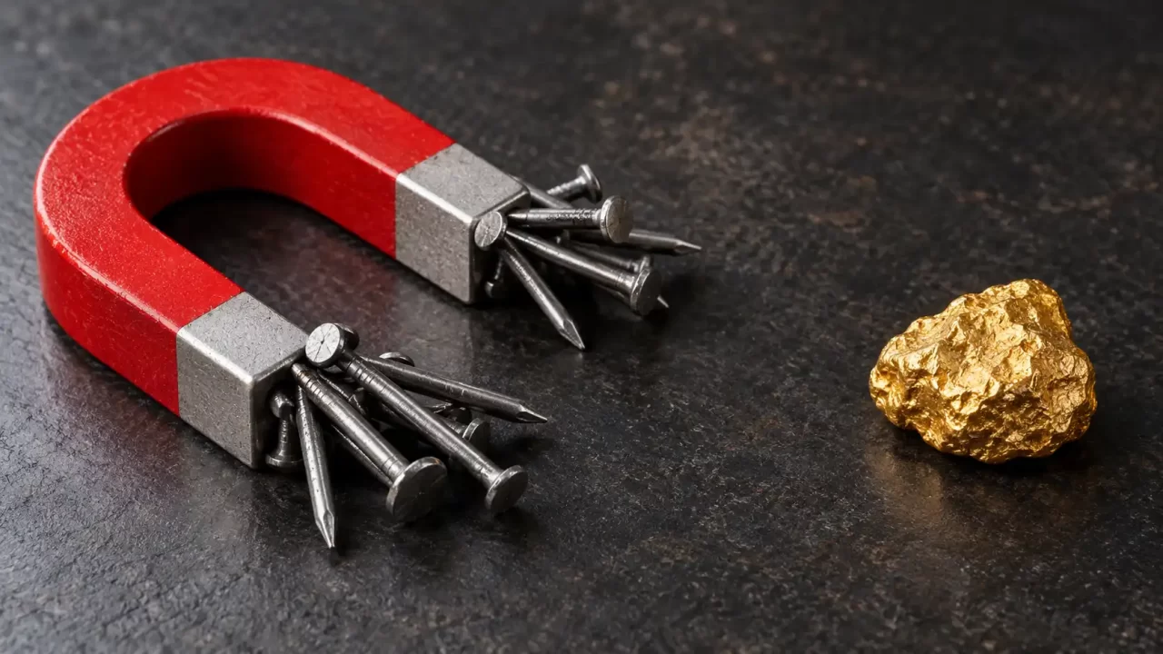 Potkovasti magnet sa željeznim čavlima i odvojenim komadom zlata