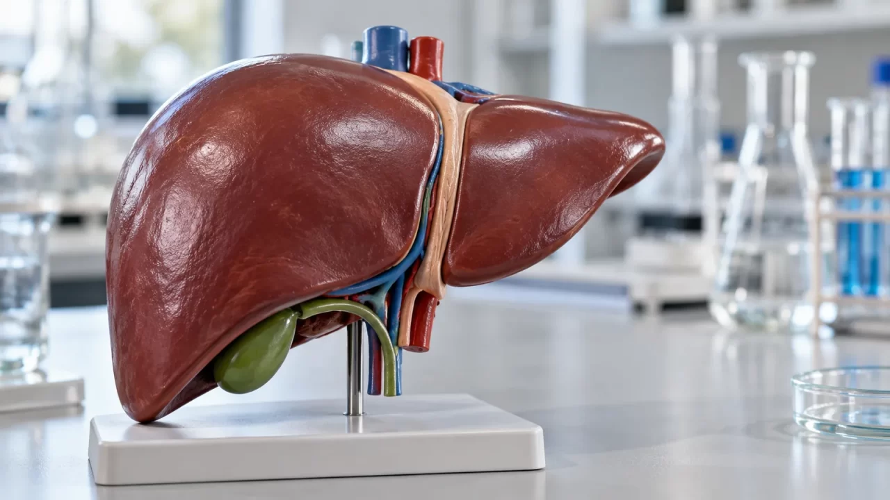 Ilustracija anatomskog modela jetre na laboratorijskom stolu uz staklene posude.
