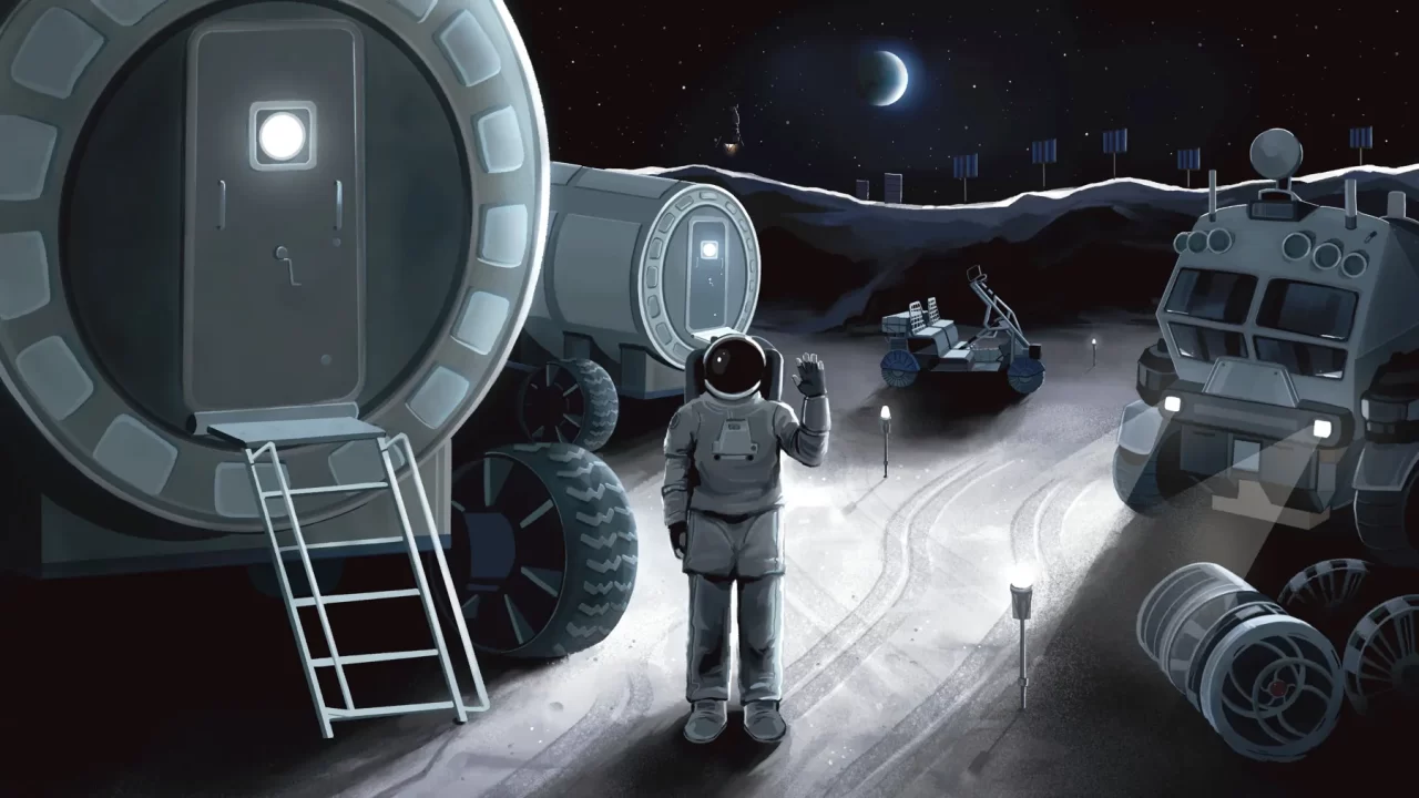 Ilustracija astronauta među vozilima i stambenim modulima na Mjesečevoj površini, sa solarnim panelima na obzoru.