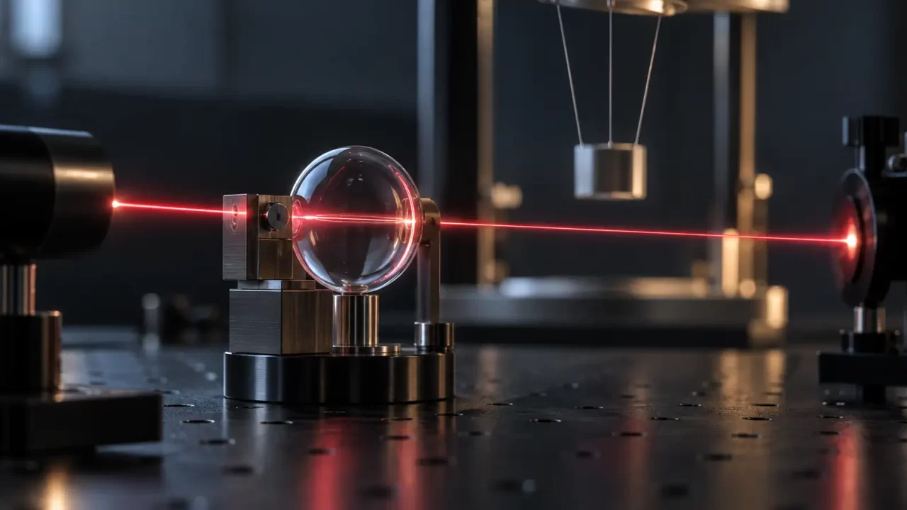 Konceptualni prikaz crvenog laserskog snopa i staklenog optičkog elementa