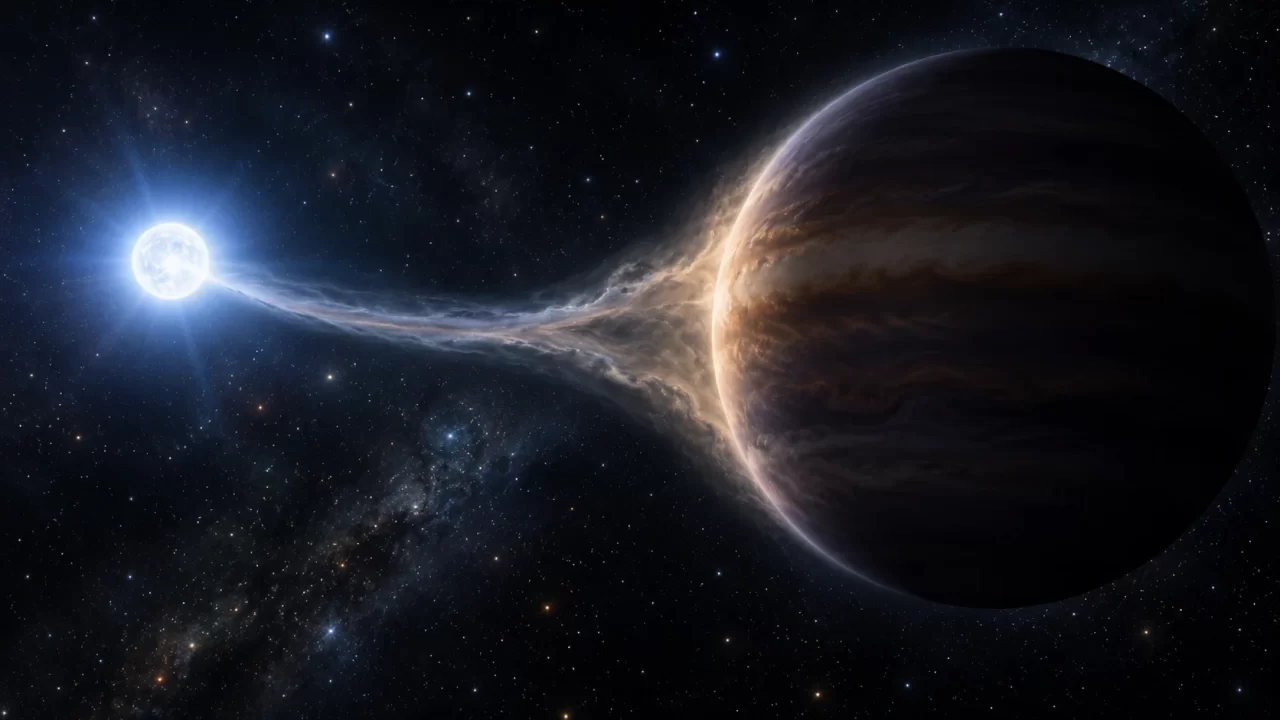 Konceptualna ilustracija plinovitog planeta koji gubi dio atmosfere u blizini bijelog patuljka