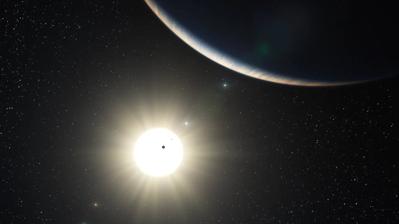 Ilustracija planeta u sustavu HD 10180, s osvijetljenim rubom velikog planeta i sjajnom zvijezdom u pozadini.
