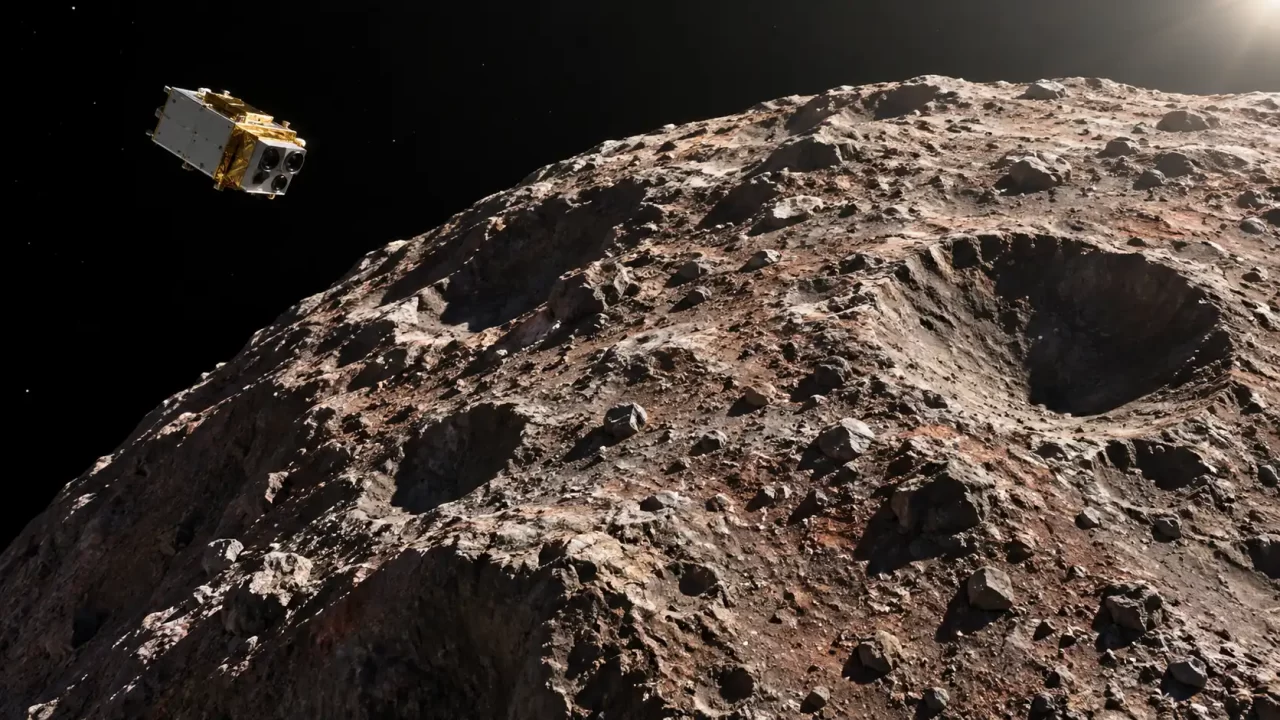 Konceptualna ilustracija male svemirske sonde iznad stjenovite površine asteroida.
