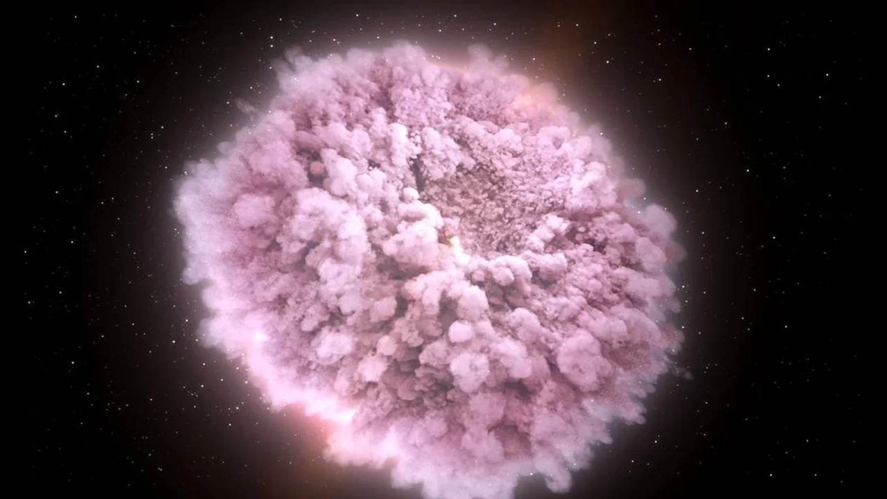Umjetnički prikaz ružičastog oblaka materijala izbačenog pri spajanju neutronskih zvijezda